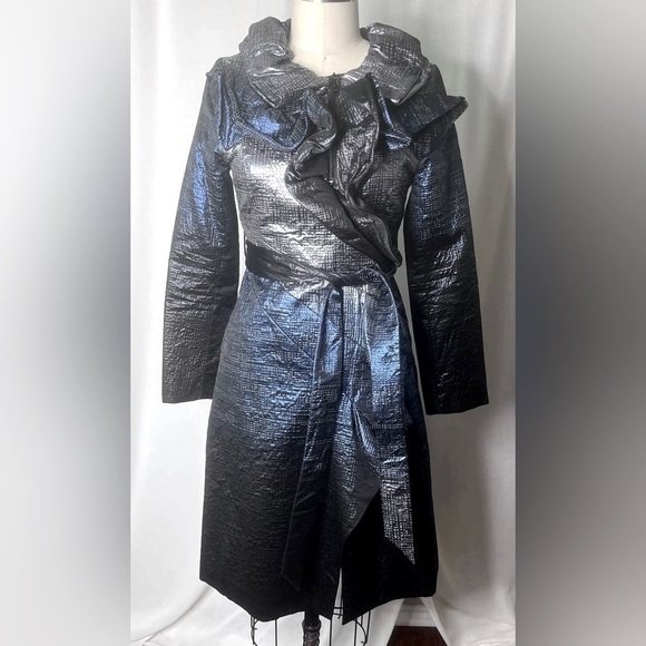 SOLD! SAMUEL DONG Women’s Metallic Gray Silver Blue Belted Coat Dress XXS XS 0 2 - Picture 1 of 7